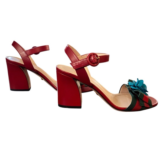 Authentic Red Gucci Web Silk Flower Bow Mid Sandals Size 37;new with tags - Picture 2 of 9